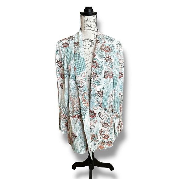 Chico's Blazer Open Front Moroccan Paisley Jacket Turquoise Peach White 2/Large - Picture 2 of 4